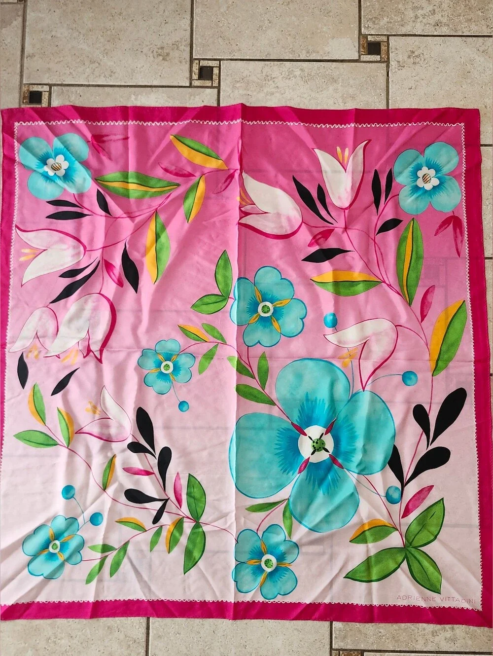 Adrienne Vittadini Pink Silk Floral Scarf with Turquoise Blooms